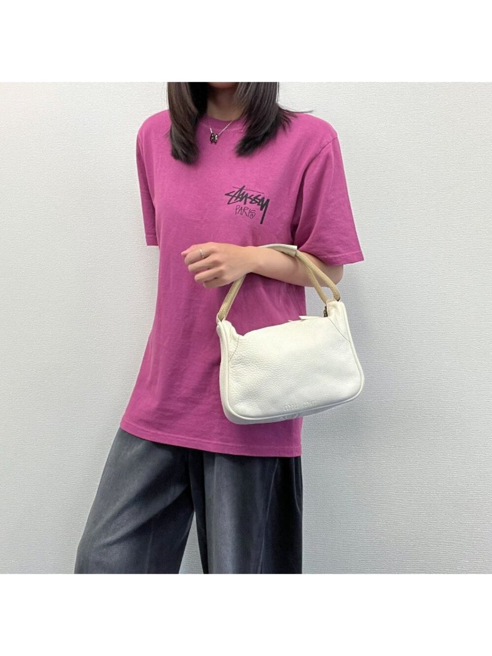 Miu Miu Logo Embossed Rope Handle Handbag Leather Ivory Beige Vintage